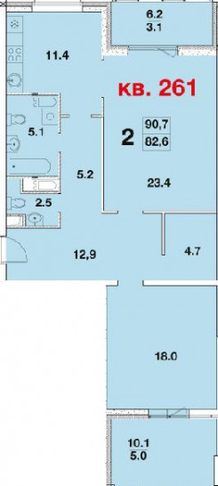 Двухкомнатная квартира 90.7 м²