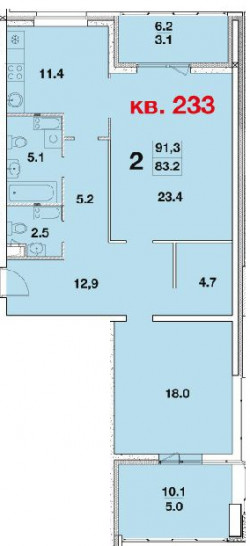 Двухкомнатная квартира 91.3 м²