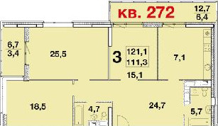 Трёхкомнатная квартира 121.1 м²
