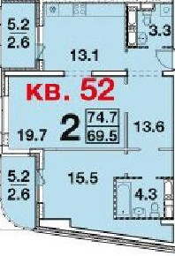 Двухкомнатная квартира 74.7 м²