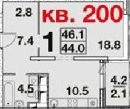 Однокомнатная квартира 46.1 м²