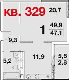 Однокомнатная квартира 49.9 м²