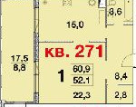 Однокомнатная квартира 60.9 м²